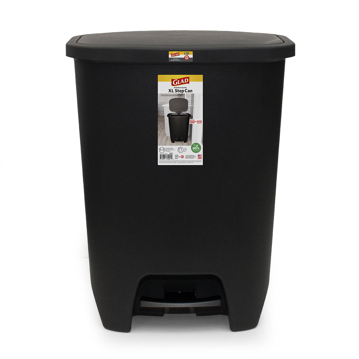 Glad 20 Gallon Trash Can, Plastic Step on Kitchen Trash Can, Black