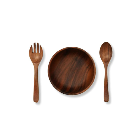 wooden bowl set with cutlery