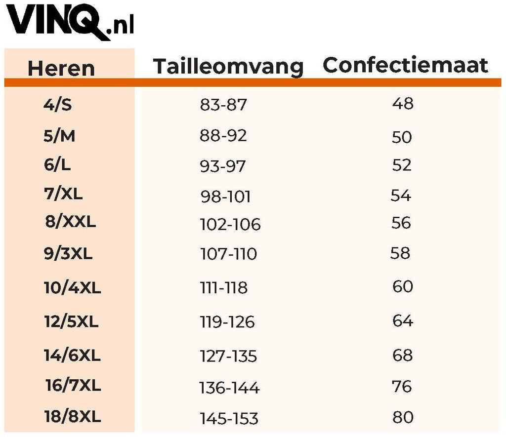 Maattabel Heren ondergoed van Mey