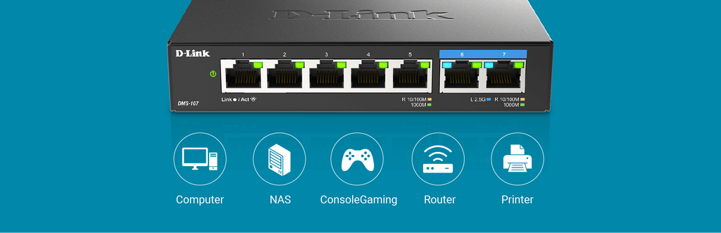 D-Link 7-Port Multi-Gigabit (2.5Gb) Unmanaged Ethernet Switch - 2 x 2.5 Gb,  5 x 10/100/1000Mbps (DMS-107)