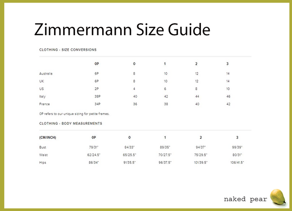 Naked Pear Zimmermann Size Chart