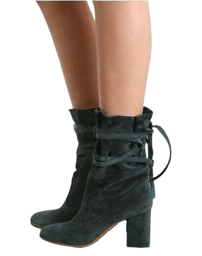 suede lace up block heel boots