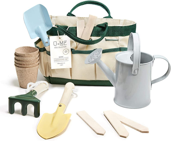 Kids gardening set with non-toxic wooden handle and real metal digging elements.