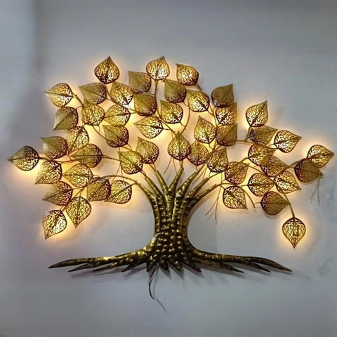 Buy Metallic Golden Leaves Tree with LED Lights Online (50"×36") - Illuminate Your Space with Metal Tree Wall Art Sculpture for Home Decor