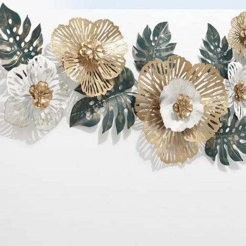 Elegant White and Golden Floral Metal Art Wall Hanging Online, Buy Flower Metal Sculpture for Stylish Home Decor (48x24 Inches)