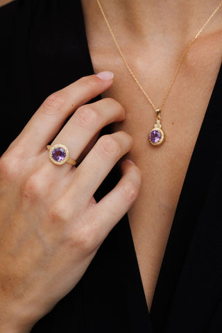 14K Gemstone Pendant Necklace and Ring Set 14K Solid Gold
