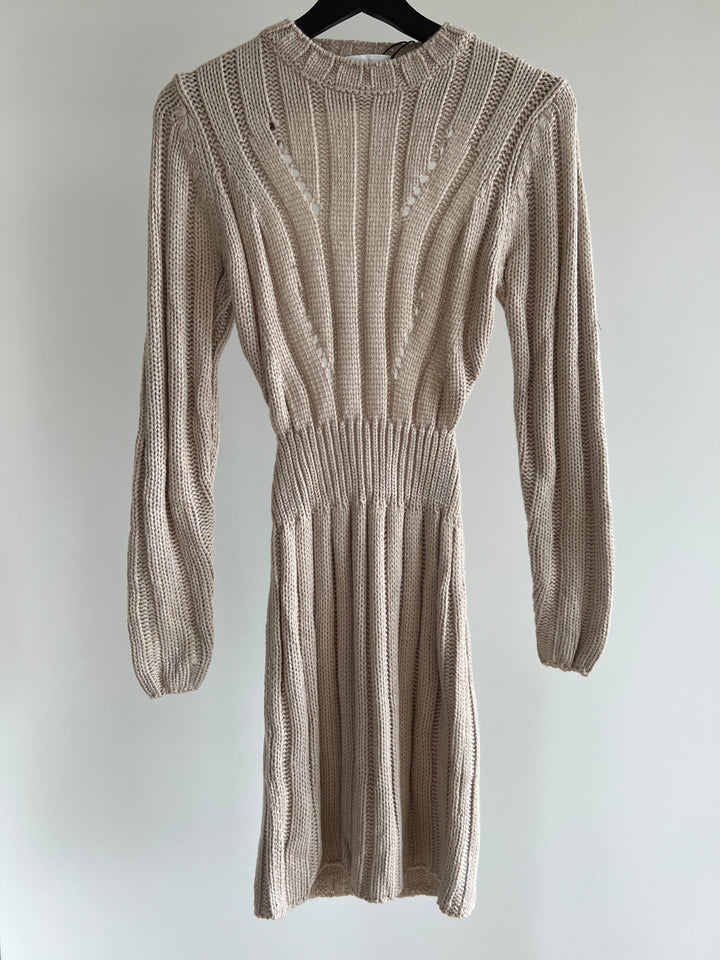 Ghamie Mini Dress - Knit Bodycon Long Sleeve Open Back Dress in Beige