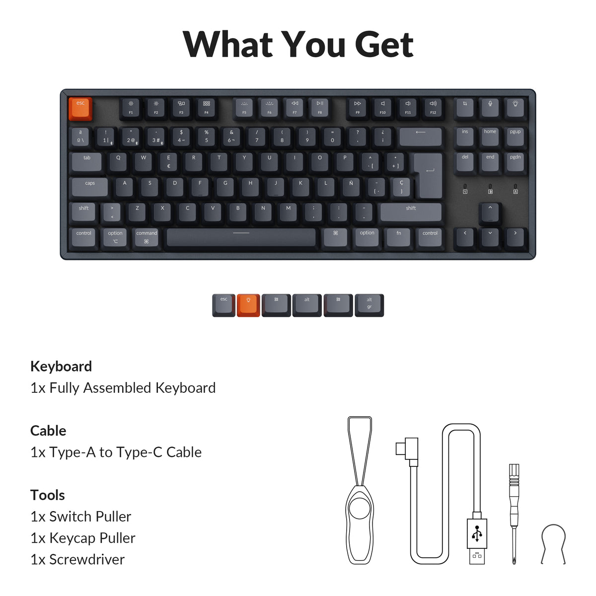 Package list of Keychron K8 TKL 80% Layout Wireless Mechanical Keyboard Spanish ISO layout