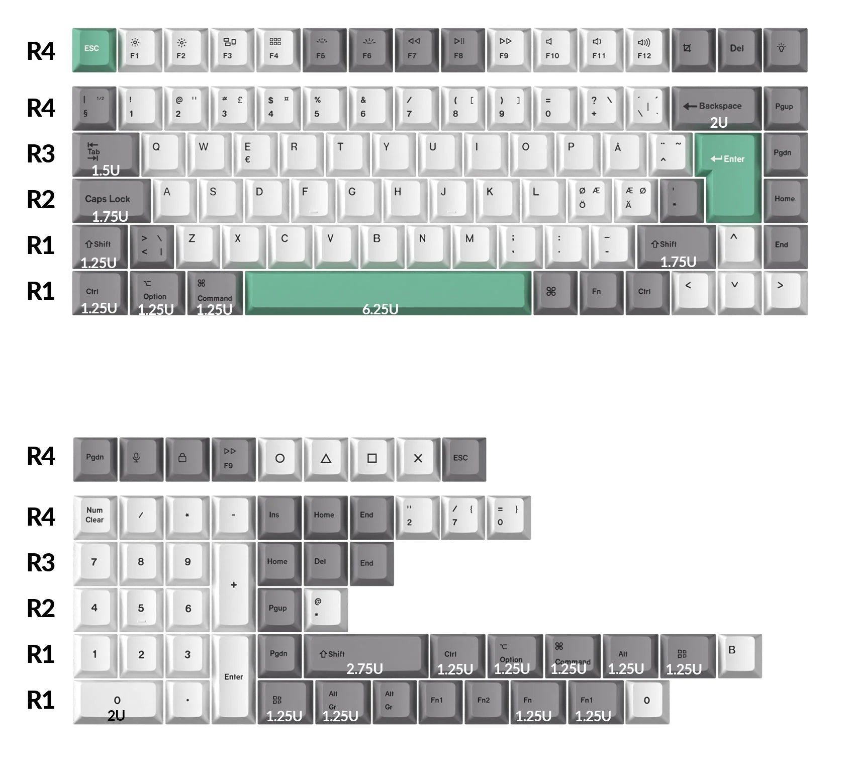 ISO Cherry Dye-Sub PBT Full Set Keycap Set - Gray White Mint - Nordic -ISO