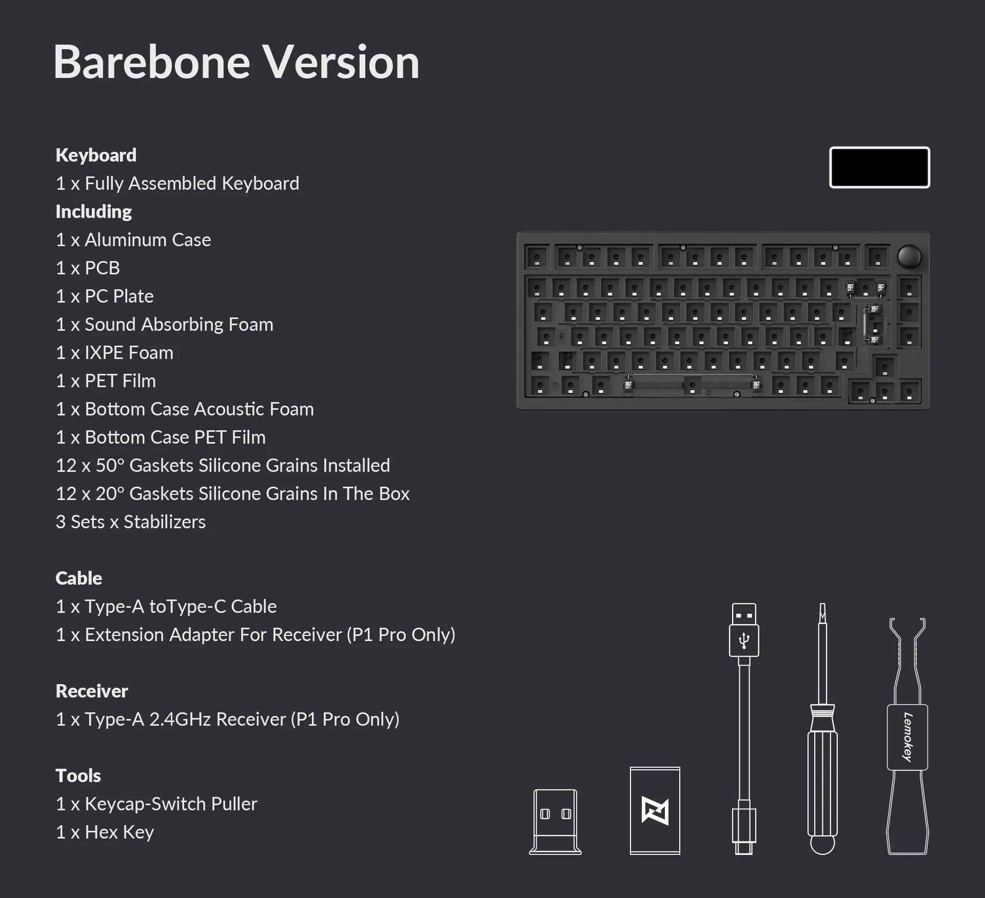 Package list of Lemokey P1 QMK Custom Keyboard Barebone