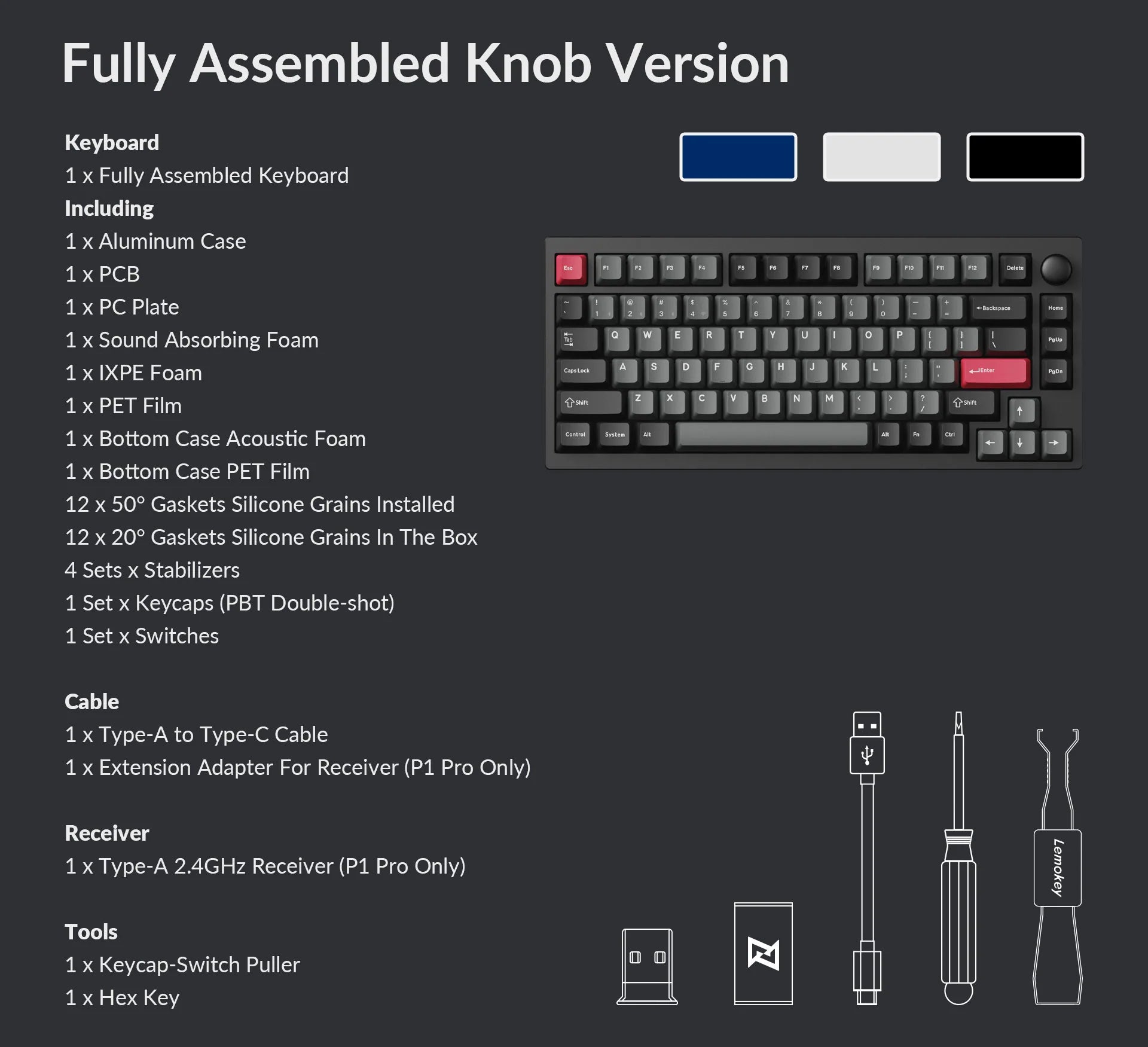 Package list of Lemokey P1 fully assembled knob version