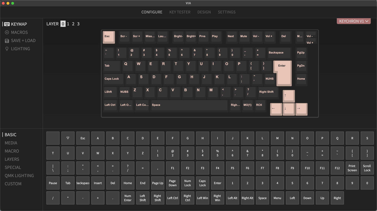 QMK VIA screen capture of Keychron V1 Custom Mechanical Keyboard