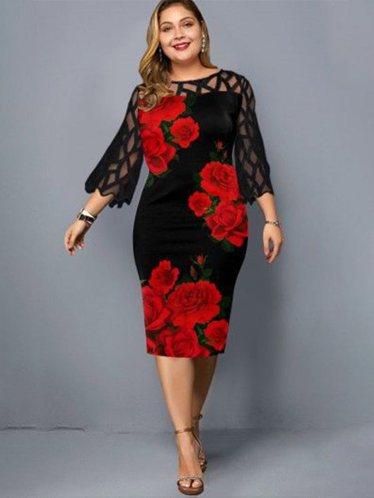 Mesh Dress Long Sleeve With Lace Plus Size Rose Hollow Out Casual Mesh Round Neck Oversized Summer Elegant Dress For Women 2021