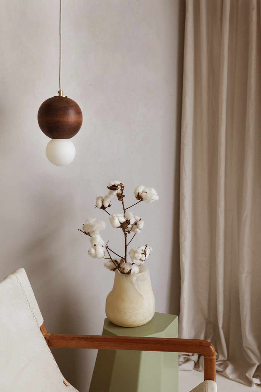 Bright Beads Sphere Pendant in Oak & Brass. Photographed by Leeroy Morgan.