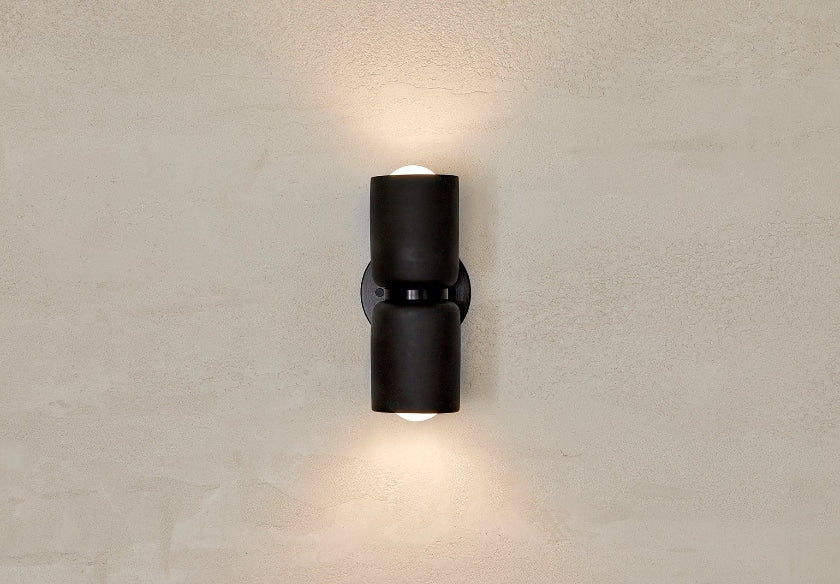 Marz Designs Terra 2 Wall Light in Brushed Black/Slate with the lights on.