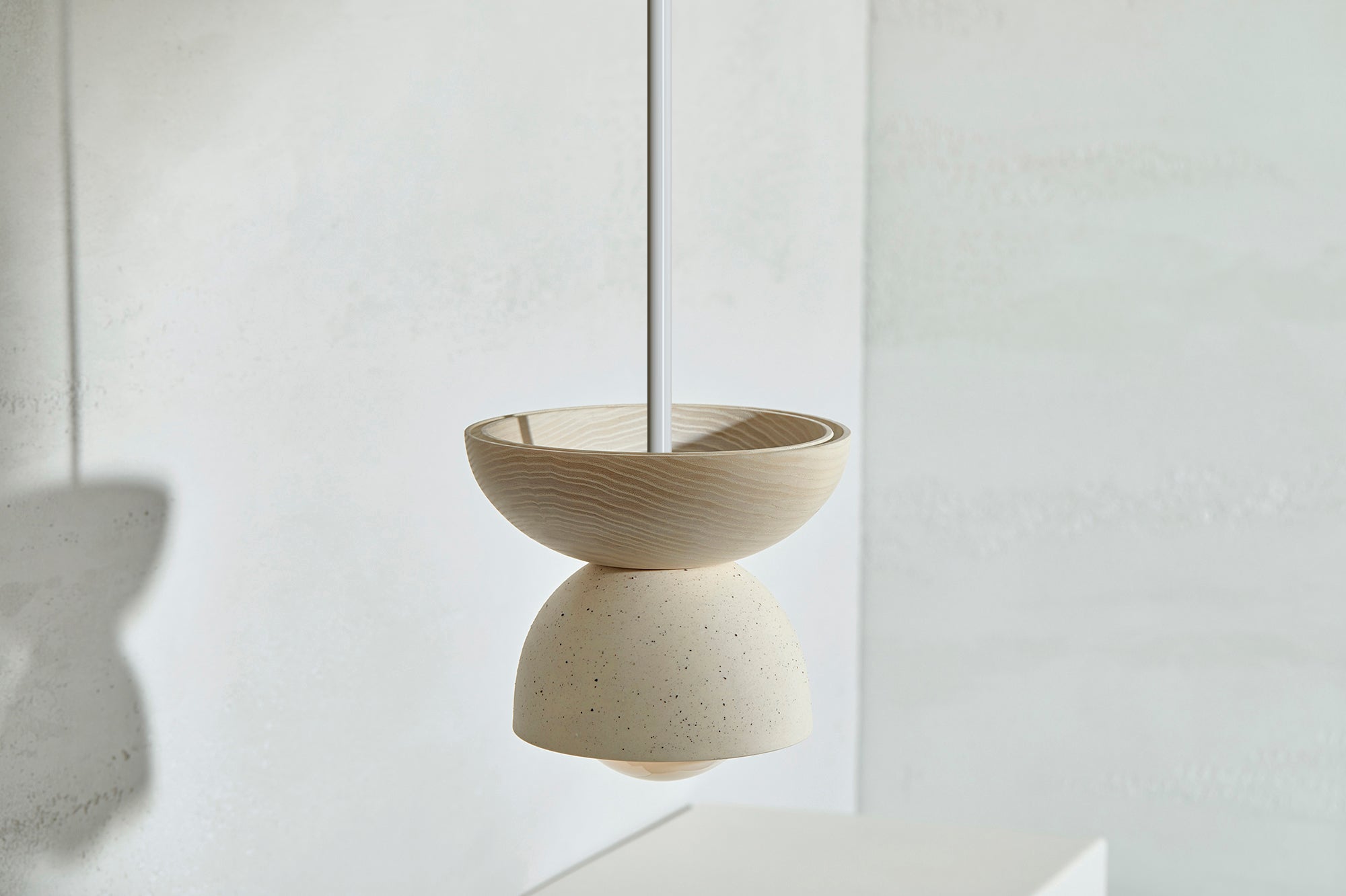 Terra 00 Pendant, in Vanilla Bean & Bleached Ash with White Satin Rod