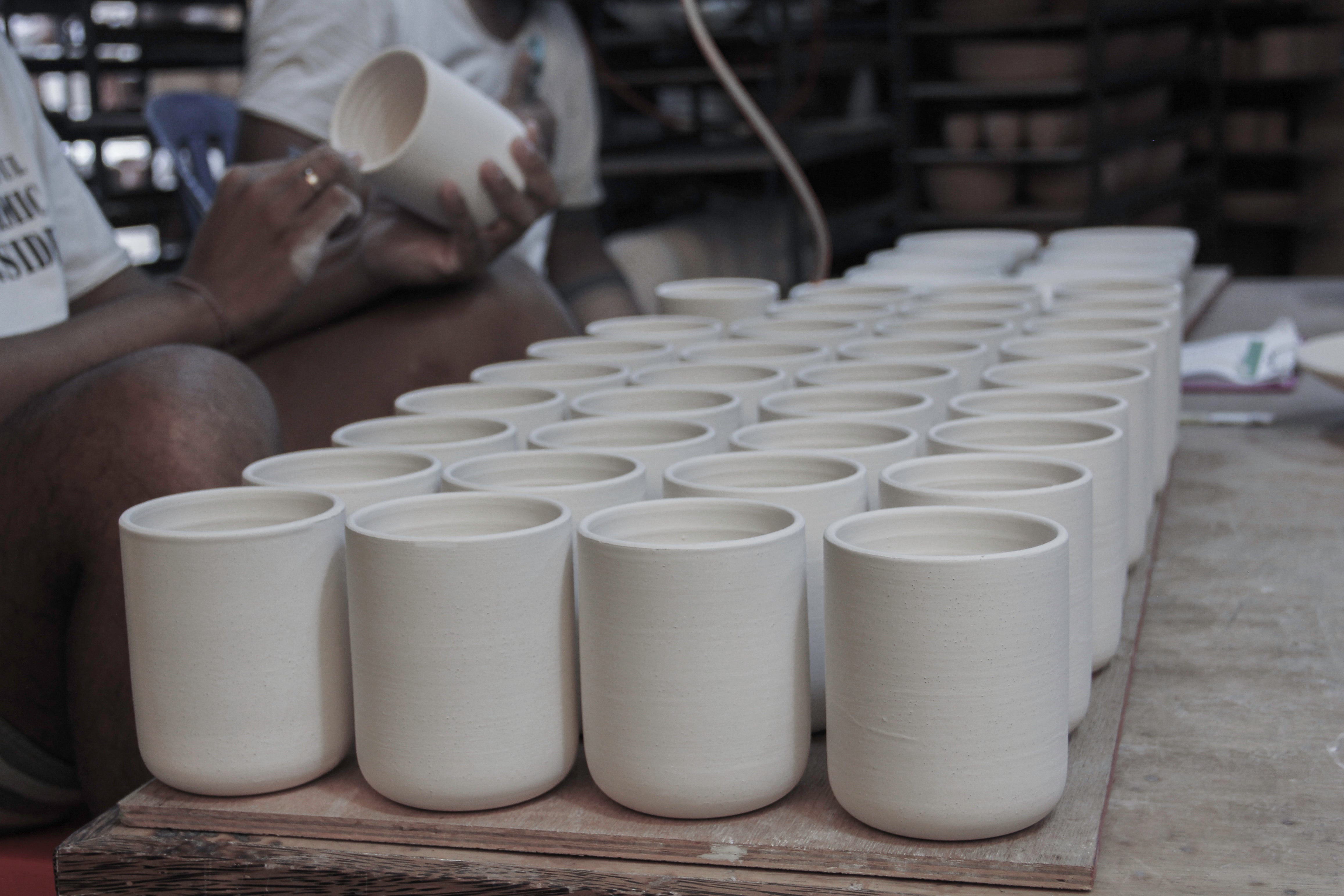 Our handmade clay ceramic shades in various stages of production. Photo supplied by Gaya ceramics.