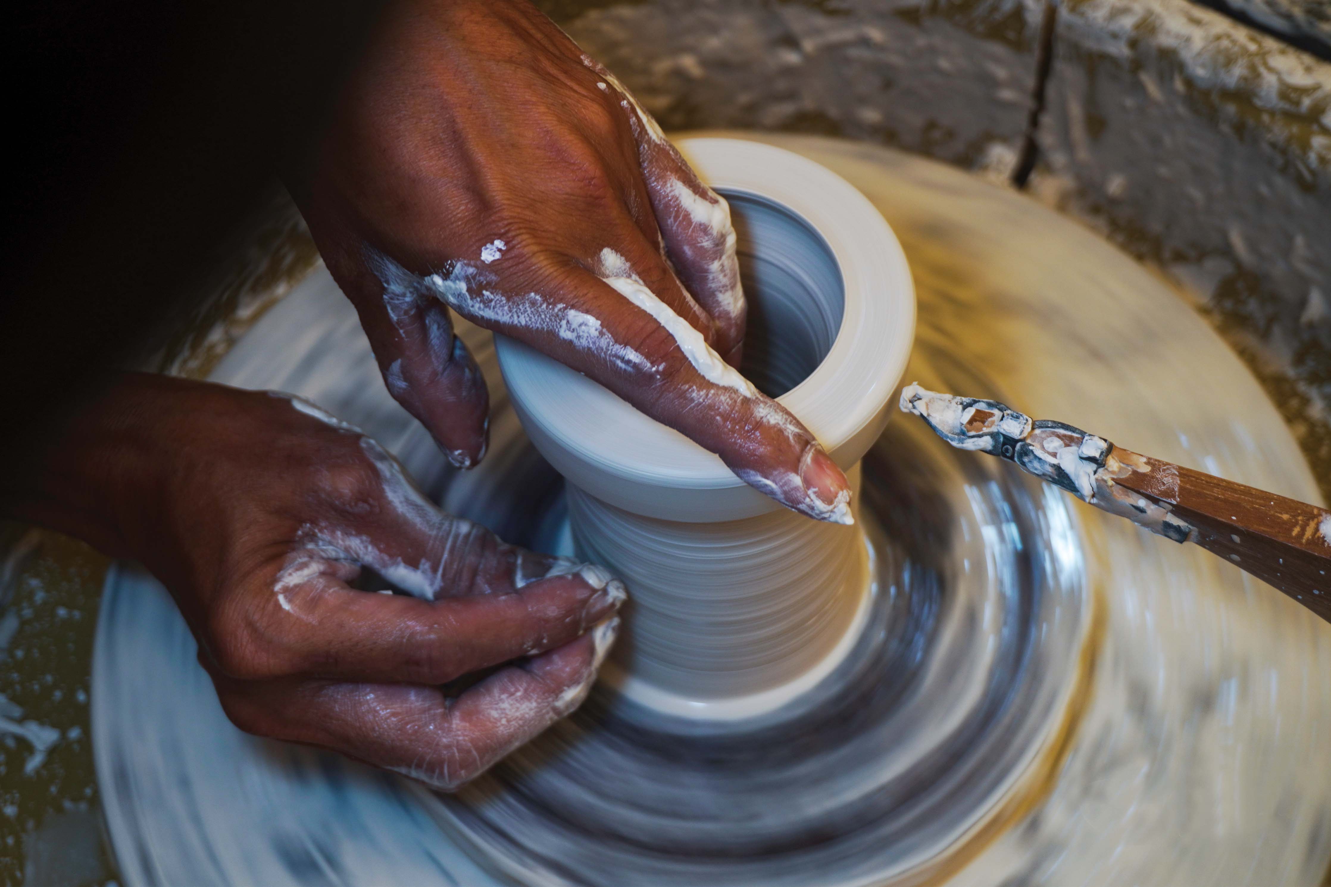 Our handmade clay ceramic shades in various stages of production. Photo supplied by Gaya ceramics.