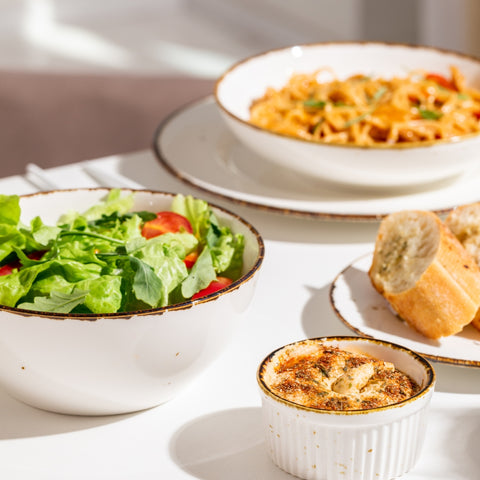 Dinner prepared in matching porcelain dinnerware