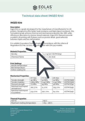 Ficha técnica Filamento PLA Ingeo 870