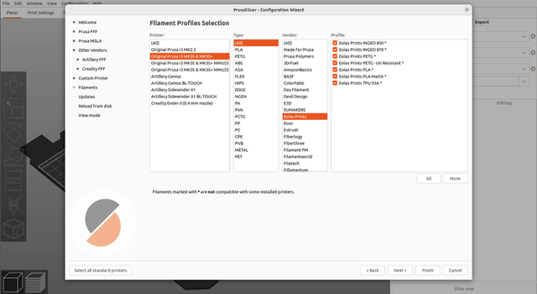 PrusaSlicer Eolas Prints filament selection