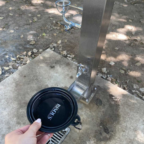 Bisous dog travel water bowl being filled up at a park drinking water fountain