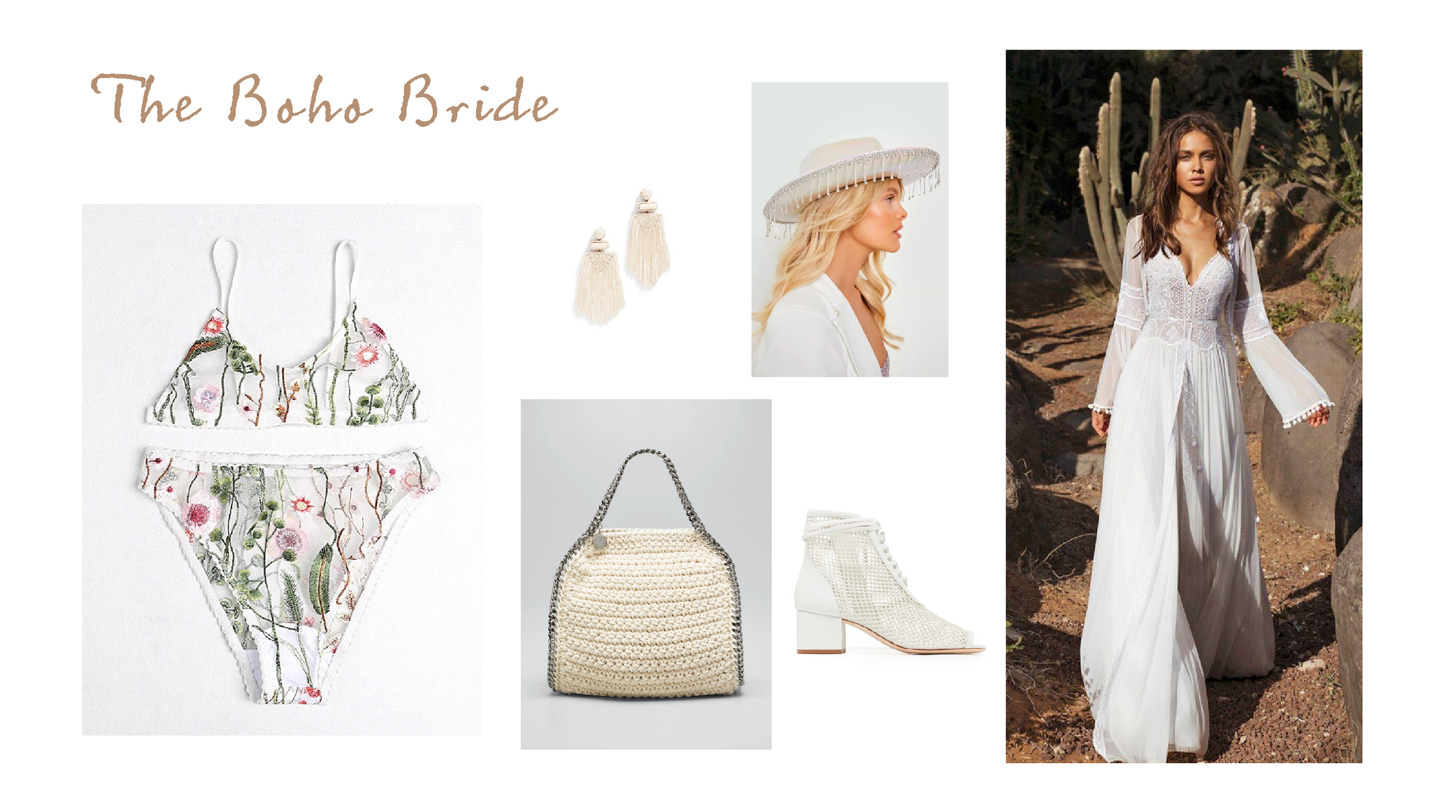 bohemian brides choses white boots and cute knit bag for her wedding, a botanical lingerie set would be perfect for her