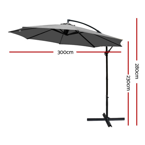 Image displaying the Instahut Outdoor Umbrella with size measurements, including a 3-meter canopy diameter and an overall height of 2.8 meters.