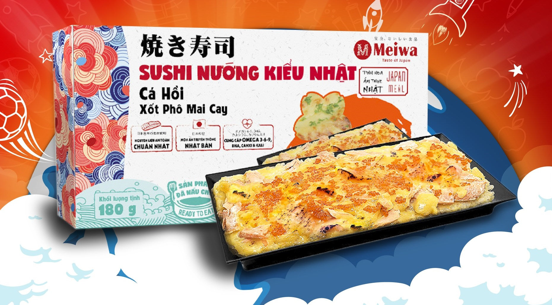 5/9 Sushi nướng Nhật Bản vị cá hồi xốt phô mai cay Meiwa hộp 180g