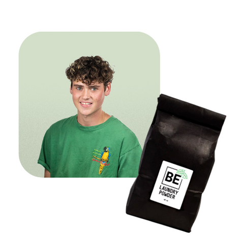 Image of EarthHero team member Gabe next to a product image of Eco Laundry Powder