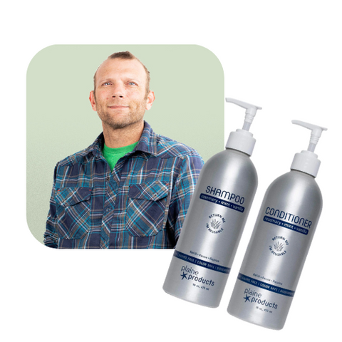 Image of EarthHero team member Travis next to a product image of 2 aluminum bottles of Plain Products shampoo and conditioner