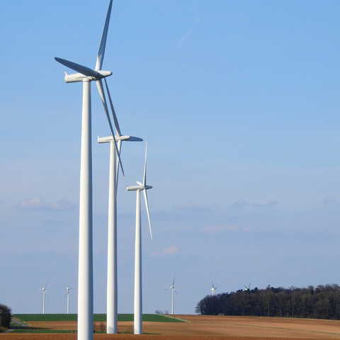Image of 3 wind turbines in a field with a blue sky behind