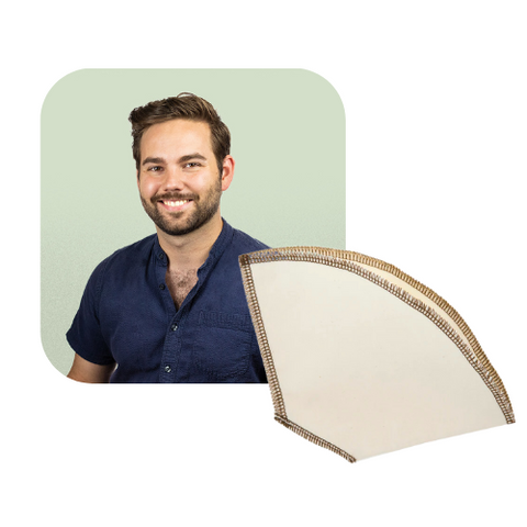 Image of teammate Damir next to an product image of a reusable coffee filter by CoffeeSock