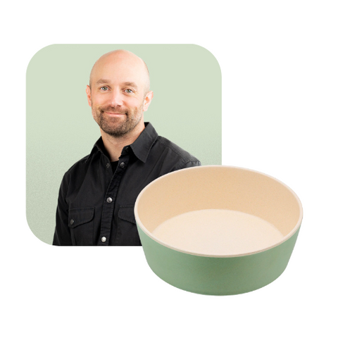 Image of EarthHero team member Dan next to a product image of a dog bowl by Beco Pets