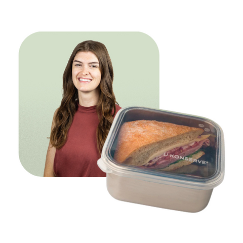 Image of EarthHero team member, Daley next to a product image of a stainless steel togo container with a sandwich inside.