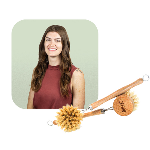 Image of EarthHero team member Daley next to a product image of 2 Bamboo Dish Brushes by Zefiro