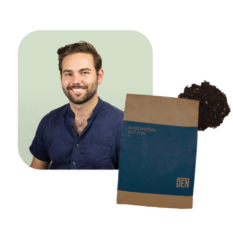 Image of EarthHero team member Damir next to a product image of a bag of sustainable plant soilac