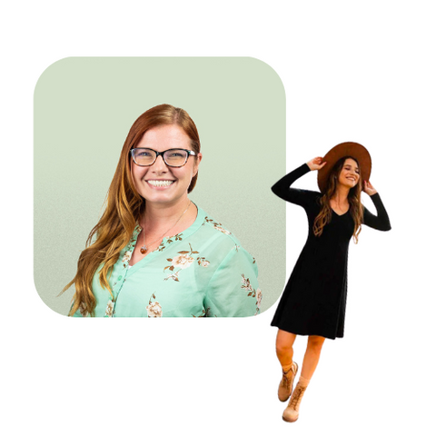 Image of EarthHero team member Maureen next to a product image of a person wearing a long sleeve black dress