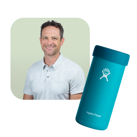 Image of EarthHero CEO, Ryan, next to a product image of a blue Hydro Flask Slim Cooler Cup