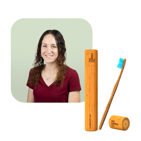Image of EarthHero team member Marissa next to a product image of a Bamboo Toothbrush and Travel Case
