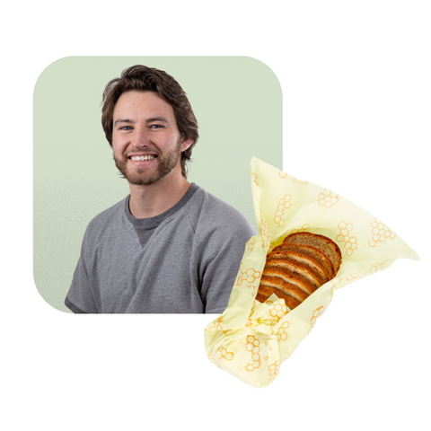 Image of EarthHero team member Danny next to a product image of a Bee's Wrap around a loaf of sliced bread