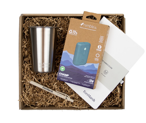 Image of a sustainable gift box that includes a to-go mug from Klean Kanteen, a stone notebook from A Good Co. and more