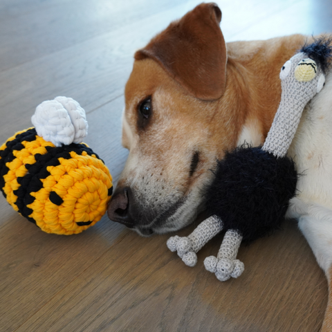 Image of a dog laying next to two plush dog toys from Ware of the Dog