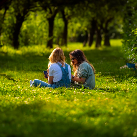 Two people sitting in lush green grass surrounded by trees