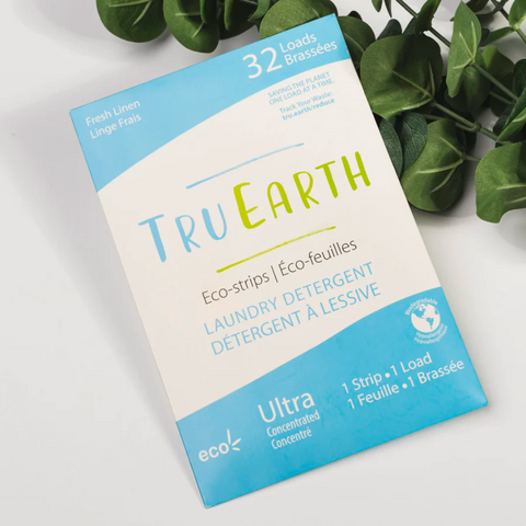 Image of a package of TruEarth laundry strips on a counter top