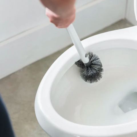 Image of a hand cleaning a toilet bowl with a toilet cleaning brush