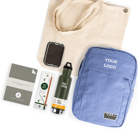 Image of products laying flat. Products include a water bottle from Klean Kanteen, a backpack from Terra Thread and a notebook from AGood Company
