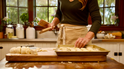 Elizabeth placing gnocchi dumplings on a tray