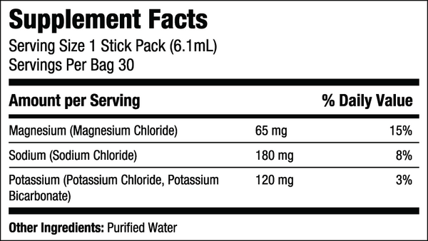 Supplement Facts. Serving Size 1 Stick Pack (6.1mL). Servings per Bag 30. Amount per Serving and Percent Daily Value: Magnesium (Magnesium Chloride) 65mg - 15% Daily Value. Sodium (Sodium Chloride) 180mg - 8% Daily Value. Potassium (Potassium Chloride, Potassium Bicarbonate) 120mg - 3% Daily Value. Other Ingredients: Purified Water.>
</div>
<hr>
<share-button id=