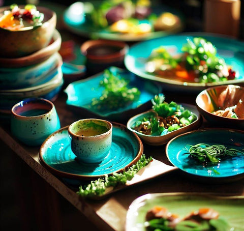 kreatywne dania podane na zielonych i niebieskich talerzach